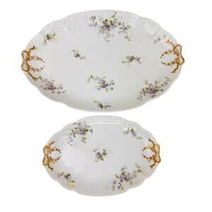 2 LIMOGES Antique CH Field Haviland Purple Flower Gold Accent Scalloped Platters